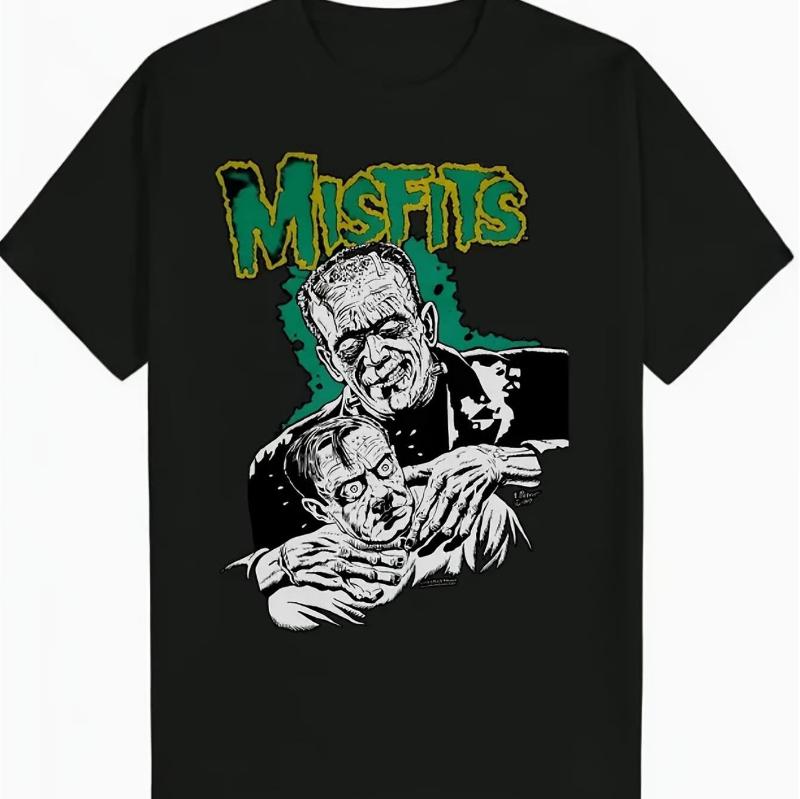 

Summer Men s Heavyweight Retro Misfits Band Punk Rock Pattern T-shirt - Black Retro Band T-shirt with Green and Logo Prints 4XL