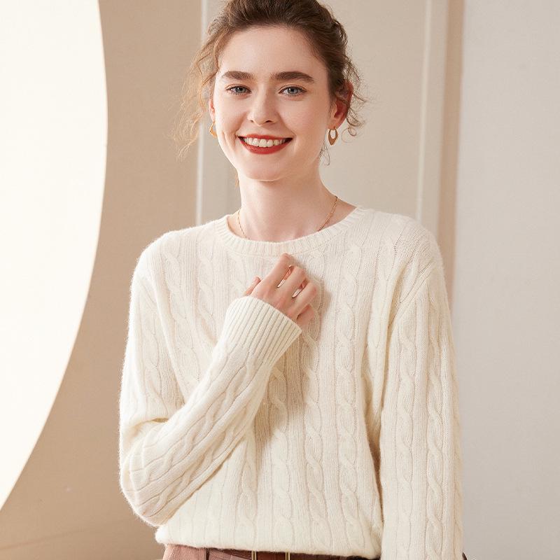 Women's Cashmere Knit Pullover: Thick Slim-Fit Round Neck Sweater for Autumn & Winter