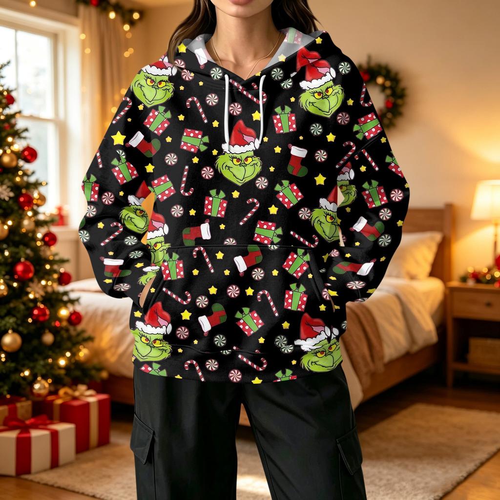 Women's Fashion Casual Christmas Print Hooded Sweatshirt with Pockets