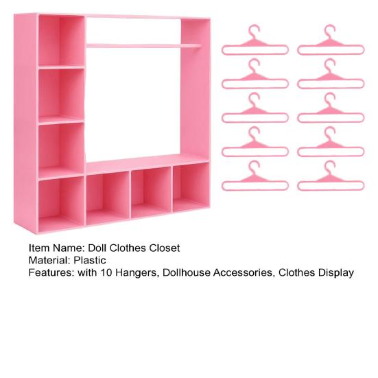 Doll Clothes Wardrobe with 10 Hangers Girl Doll Clothing Storage Closet Dollhouse Figure Doll Accessories Garment Display Box