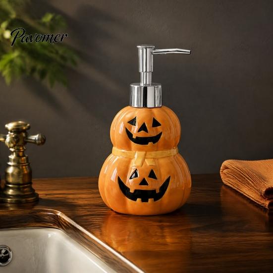Reusable Shampoo Bottle Halloween Ceramic Ghost Soap Dispenser, with Stainless Steel Pump, Pumpkin Refillable Lotion Dispenser Liquid Hand Container,