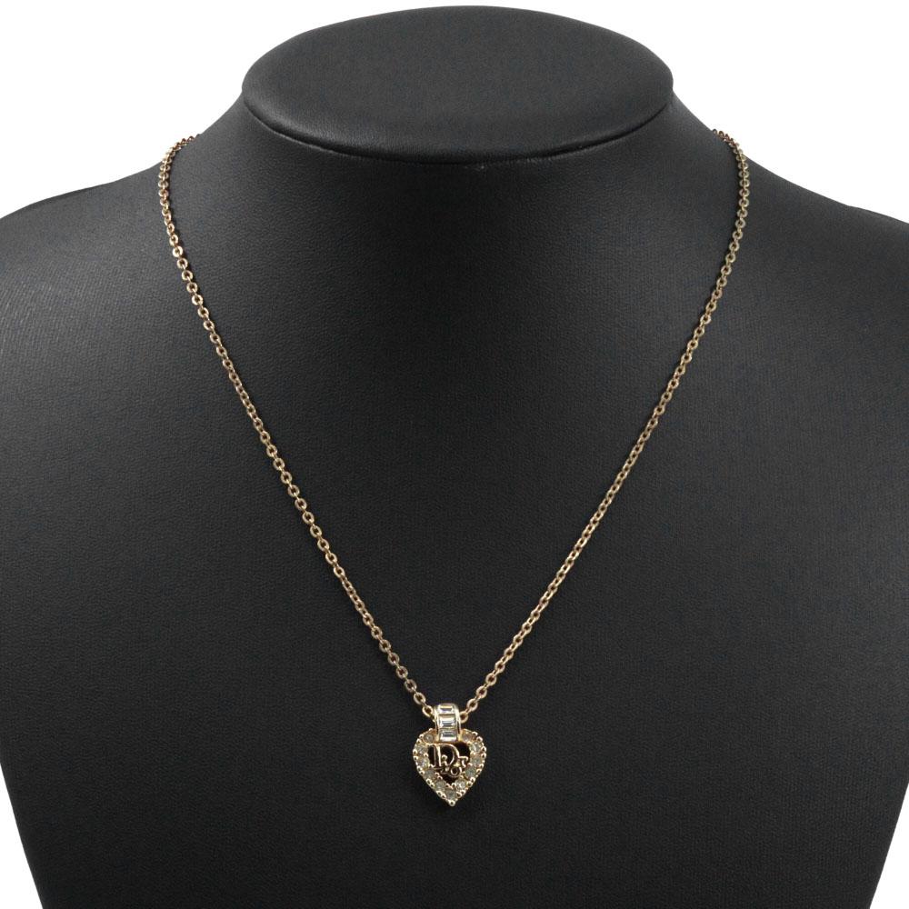 Dior Logo heart Necklace Plated Gold/Rhinestone heart 6.1g Women Used
