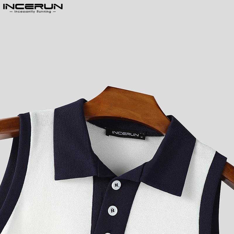 INCERUN Summer Men Lapel Sleeveless Stitching Casual Thin Fitted Tank Tops