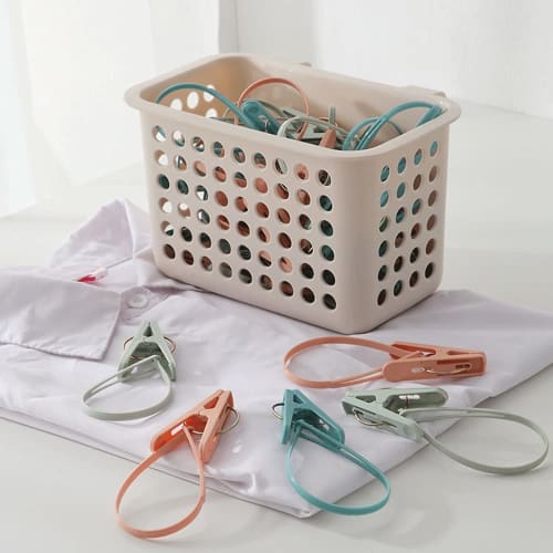 Set of 24 Clothespins In 7 Colors, with Cord, Non-Slip, Strong, for Pole Use, Futon Pegs, Plastic, for Indoor and Outdoor Drying, Non-Slip, Windproof,