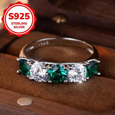 5 Stone Half Eternity 925 Sterling Silver Birthstone Rings for Women Fashion Round Cut White Green CZ Zircon Ring Jewelry Gift