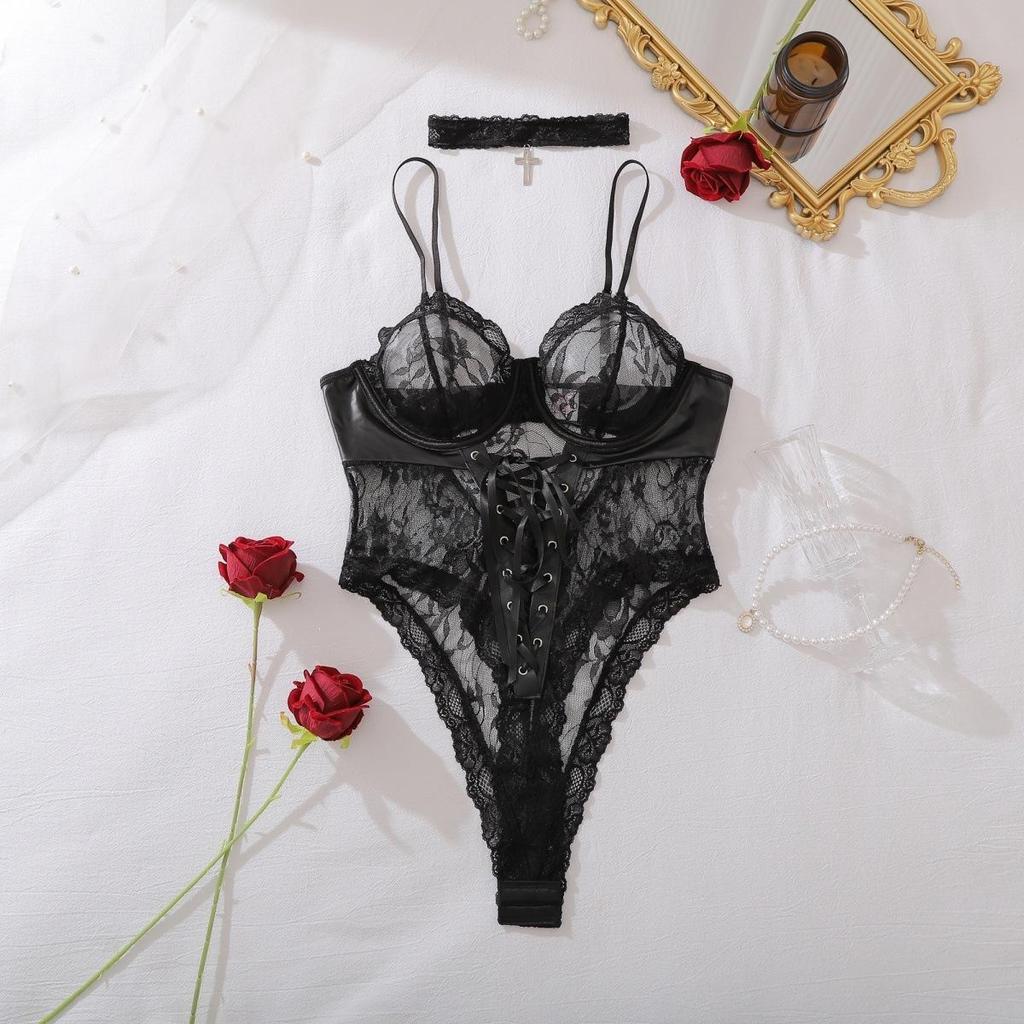 Women's Sexy Patent Leather Spliced Lace Shapewear Bodysuit Black Lace-Up Bust & Waist Cincher One-Piece Shaper