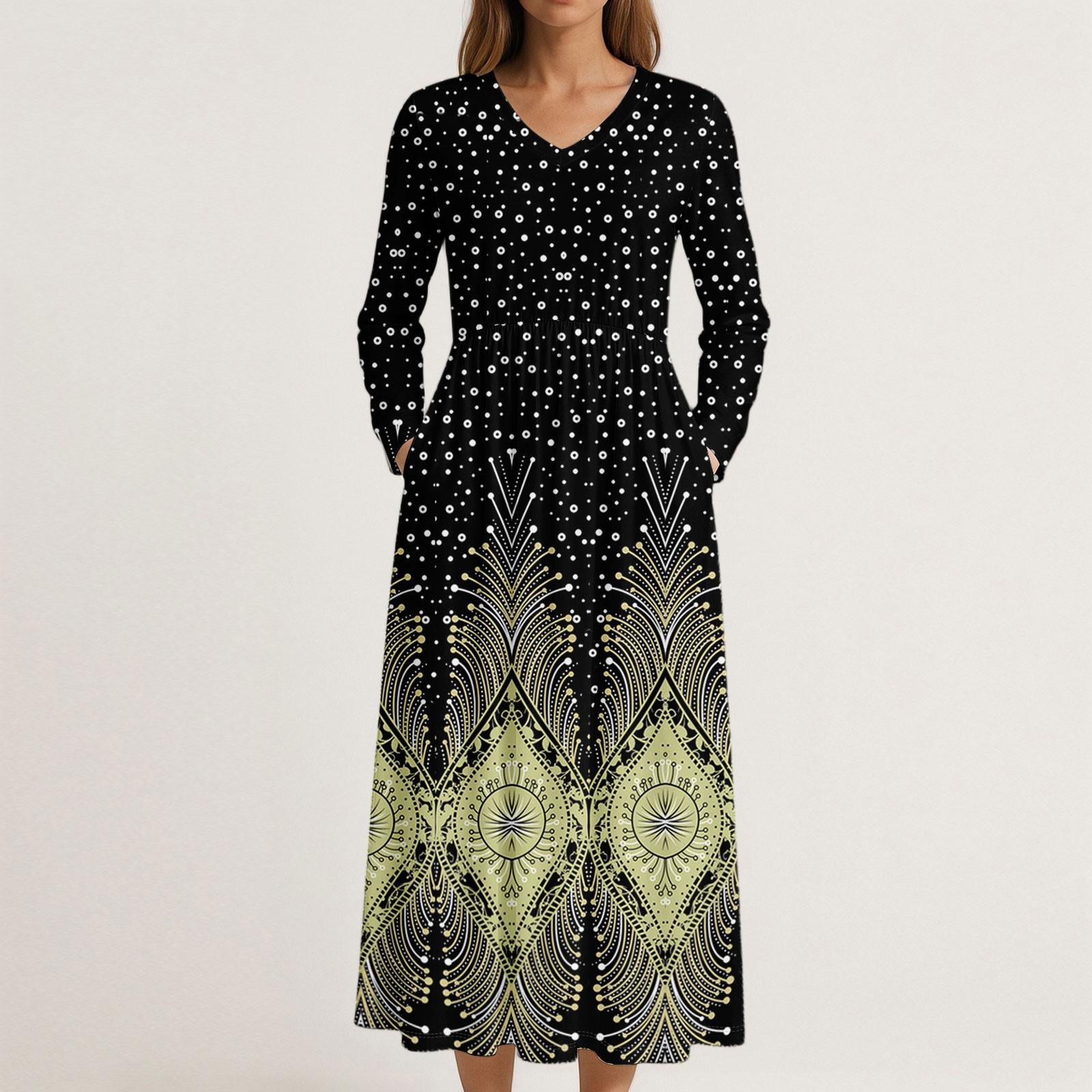 

Платье для женщин длинное бохо пляжное платье элегантное макси-платье V-образный вырез длинный рукав платье с карманами S чёрный