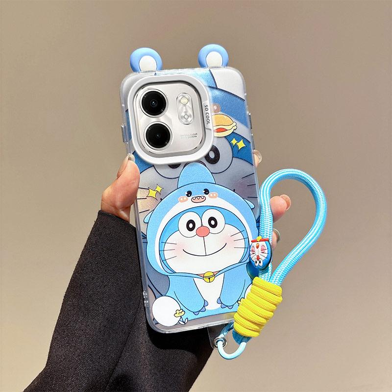 KEYSION Cute Ear Cartoon Case for Infinix Hot 50i with Lanyard Soft Silicone+PC Shockproof Phone Back Cover for Infinix Smart 9