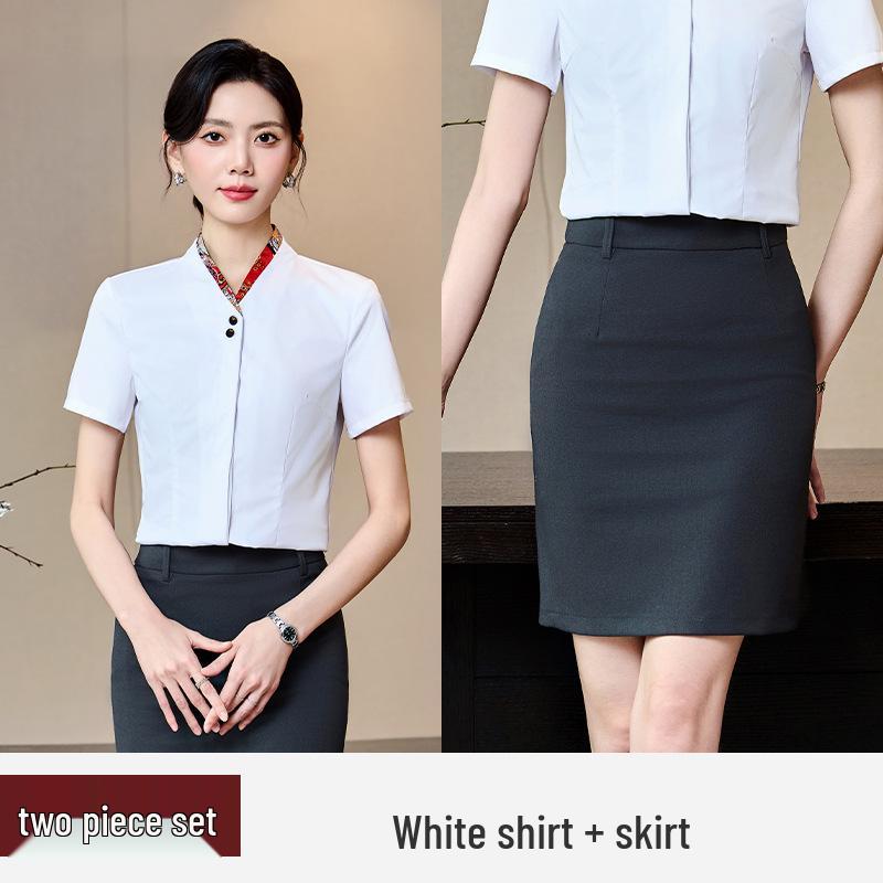 Women's Short-Sleeve Summer White Shirt - Formal, Waist-Hugging Workwear for Jewelry Store Front Desk