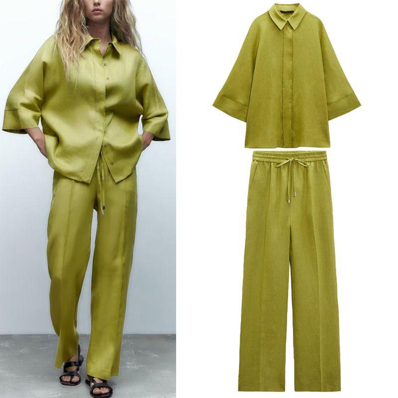 Summer New Polo Collar Stretch High Waist Pants Linen