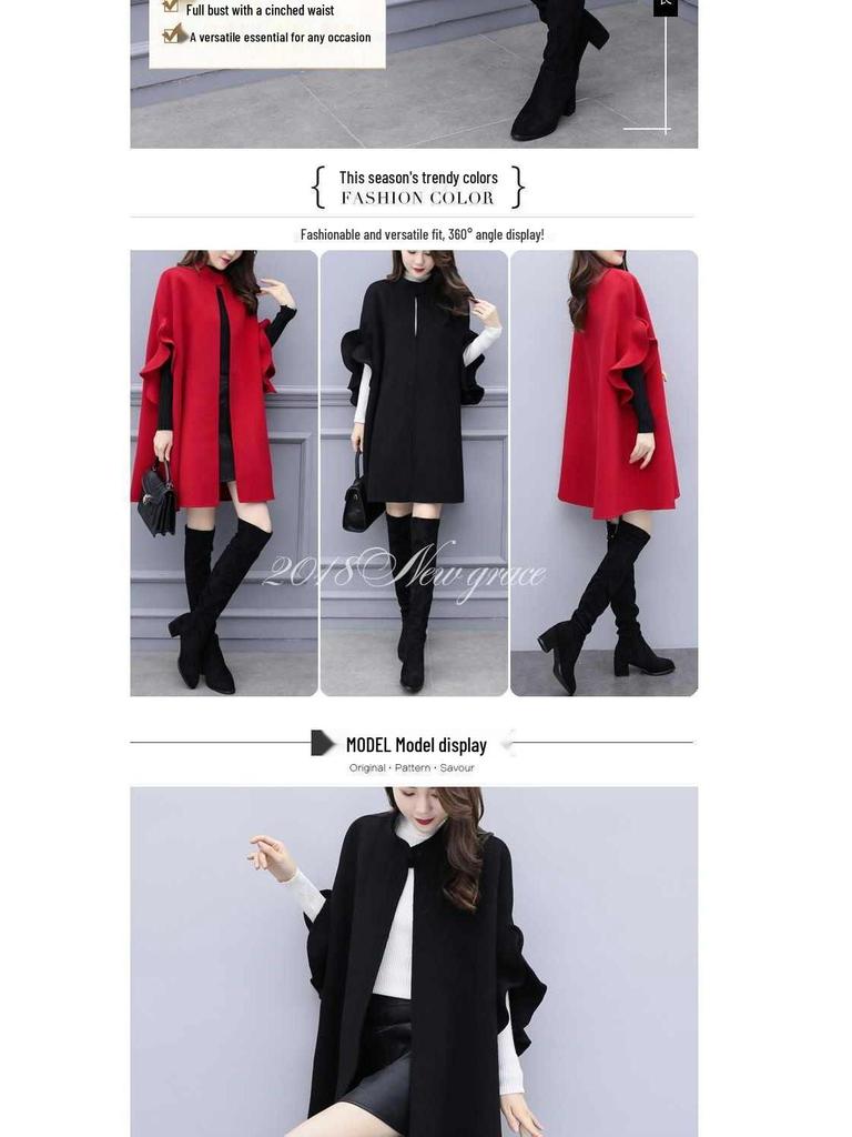 Women's Plus Size Red Wool A-Line Cloak Coat - Mid-Length, Perfect for Spring, Autumn, & Winter.
