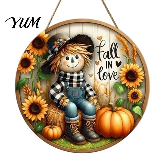 Autumn Theme Hanging Decoration Harvest Festival Welcome Sign for Front Door, Rustic Wooden Wheat Ear Ornament with Hemp Rope, Pumpkin Plaque