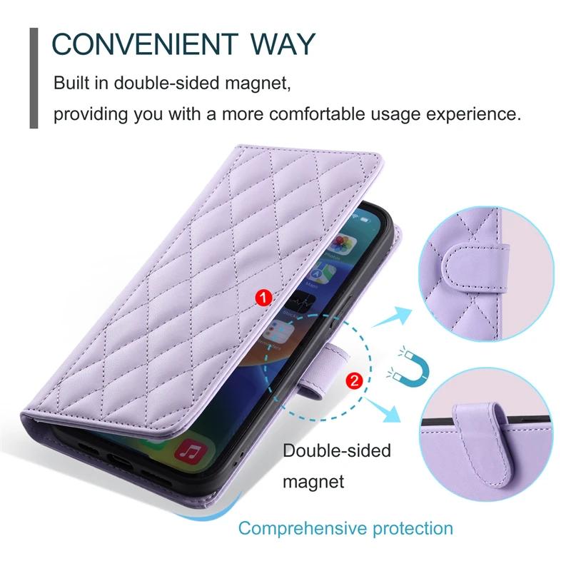 S23 S24 Ultra Checkered Leather Case For Samsung Galaxy S24 S23 S22 S21 S20 FE S10 Note 20 Ultra 10 Plus 9 8 Lanyard Flip Cover