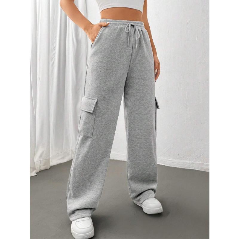 

2026 Autumn and Winter Loose Casual Straight Wide-leg Sweatpants Women Office Trousers Versatile Solid Color Office Pockets Drawstring Long Pants XL світло-сірого кольору