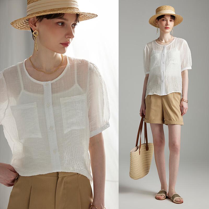 Women s French Style Tencel Bubble Short Sleeve Top M