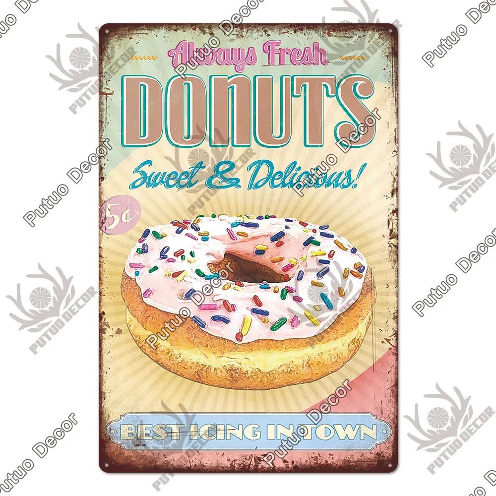 Putuo Decor Donuts Dessert Vintage Plaque Metal Plate Tin Sign Wall Art Decor Retro Poster for Kitchen Cafe Home Iron Painting