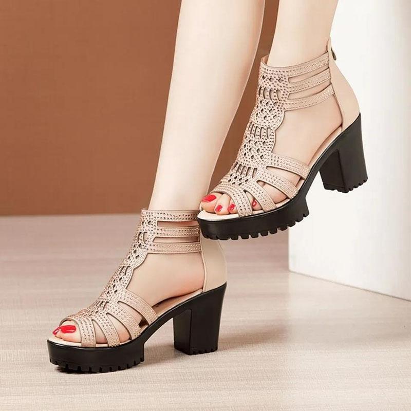 Black High Heeled Sandals Women's Peep Toe Rhinestone Design Retro Roman Style Thick Sole Waterproof Platform Summer