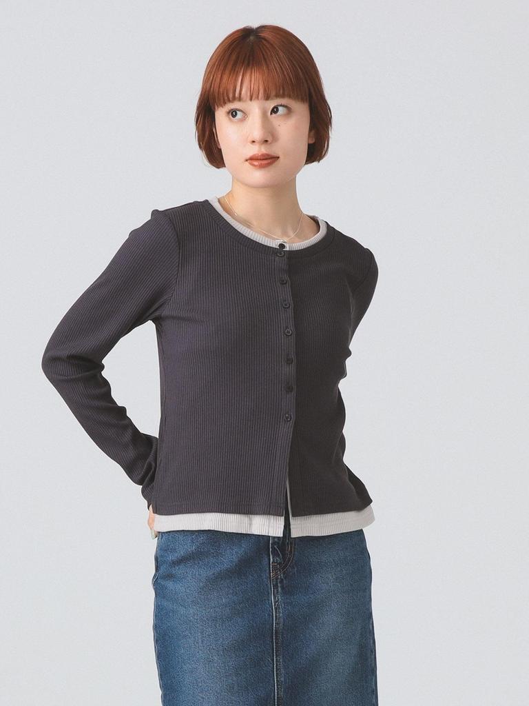 Ray Beams Women's L/S TEE RIB Layered Cardigan, Gray Free