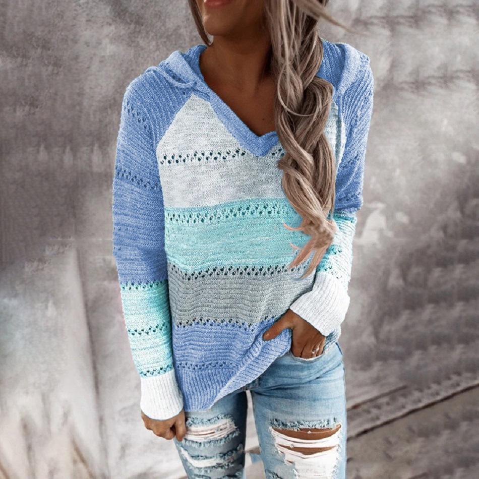 Women's Casual Striped V-Neck Hollow Long Sleeve Hooded Sweater