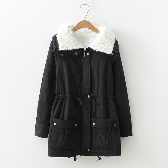 Winter Women Jacket Thickened Plush Turn-down Collar Long Sleeves Elastic Waist Pockets Zipper Closure Coat Mid Length Windproof Warm Coat