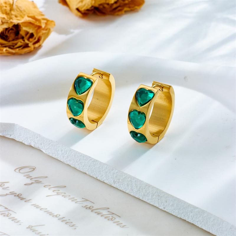 Gold Plated Green Heart Cubic Zirconia Hoop Earrings for Women Stainless Steel