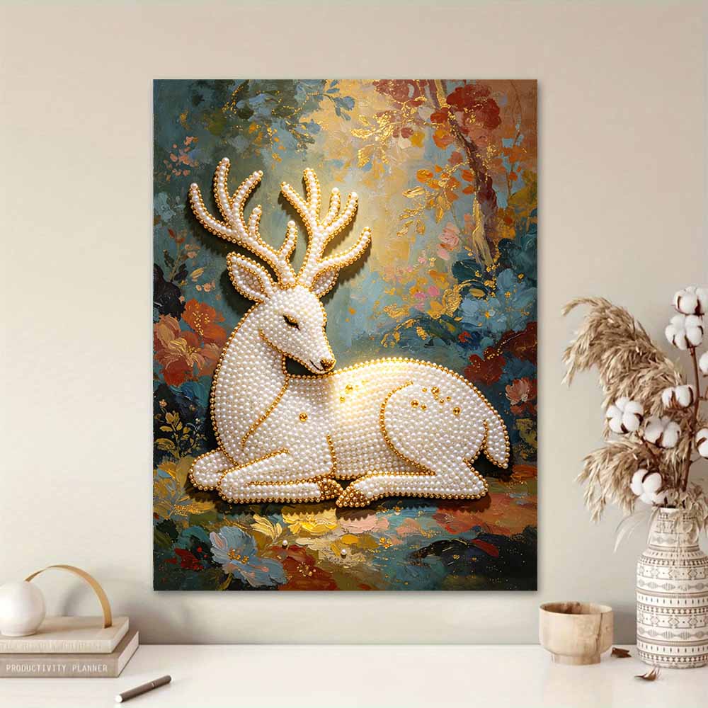 5D Pearl Art Majestic Deer Floral Design DIY Enamel Inlaid Painting Frameless Wall Decor Handmade Craft Gift for Home Bedroom Living Room