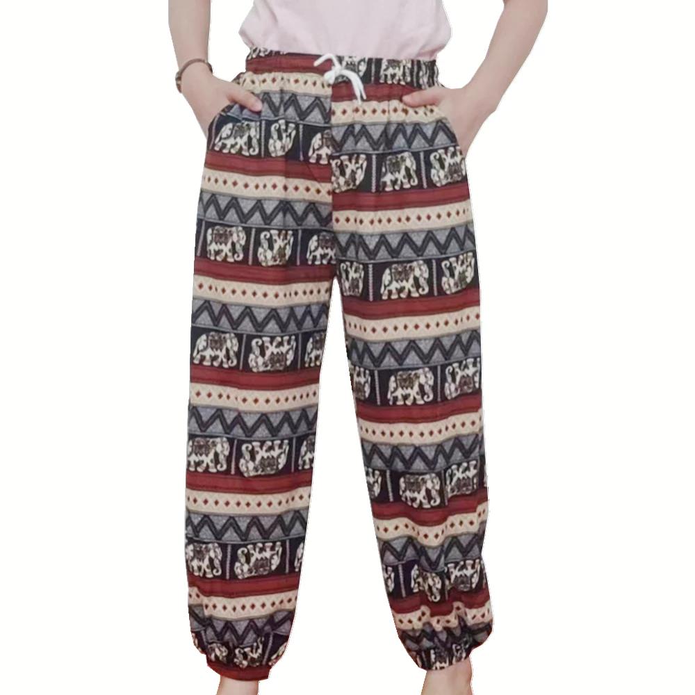 Elephant Jump Pants Pocket Adjustable Elastic High Waistband Strap Unisex Man Women Print Thailand Casual Streetwear Beach Bohemian Retro Vintage
