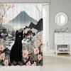 Cartoon Black Cat Shower Curtain Retro Pink Cherry Blossom Wild Flowers Bathroom Curtain Kids Teens Adults Cute Animal Vintage