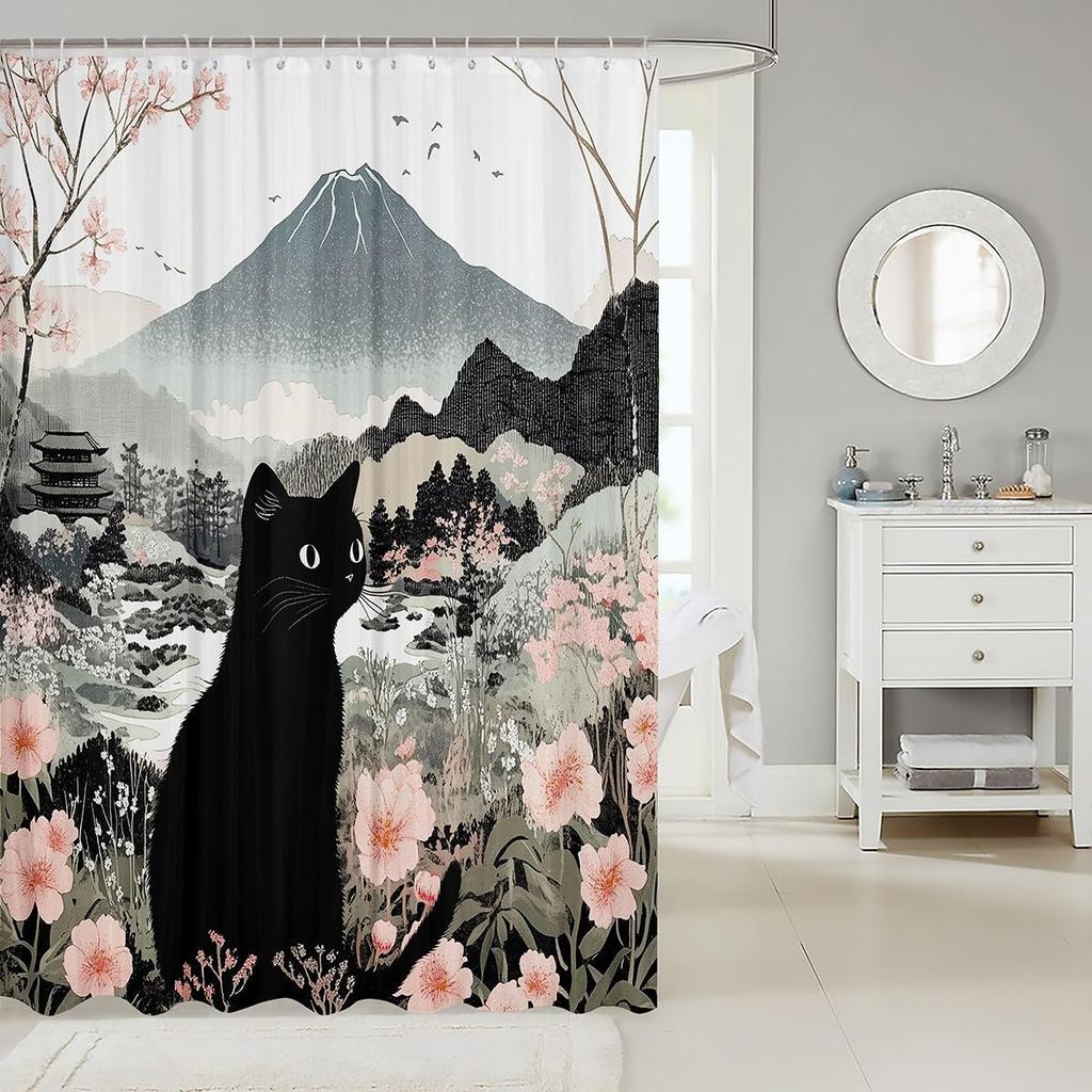 Cartoon Black Cat Shower Curtain Retro Pink Cherry Blossom Wild Flowers Bathroom Curtain Kids Teens Adults Cute Animal Vintage