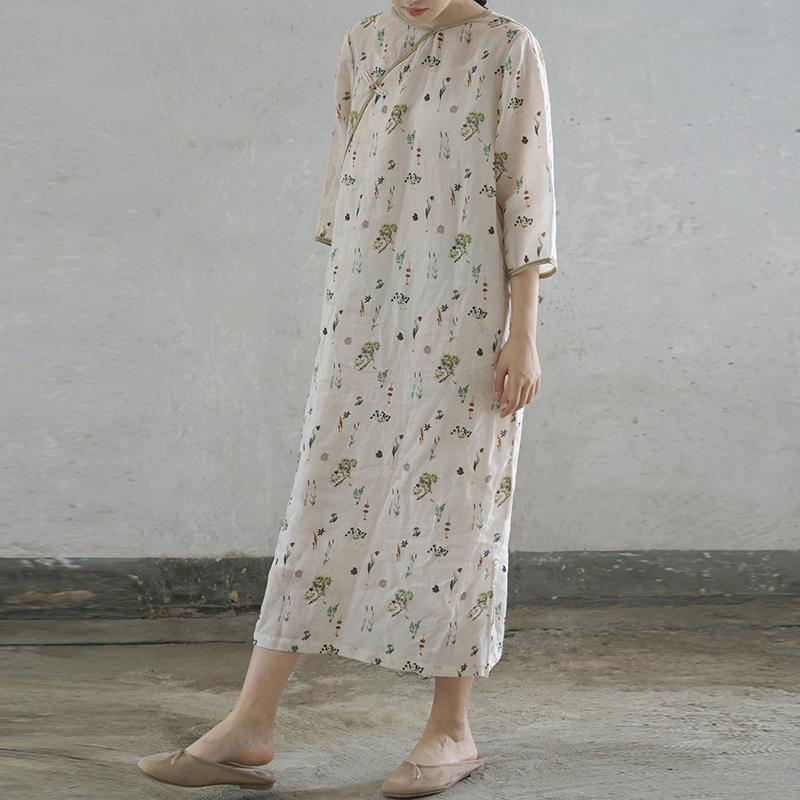 

Женские винтажные платья Johnature с цветочным принтом Ramie, летние женские платья с семью рукавами L бежевый