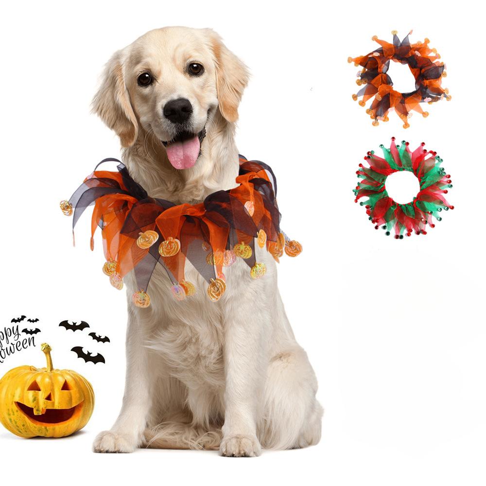 1× Halloween Christmas Pet Collar Chicken Duck Goose Dog Cat Tulle Scrunchie Neck Collar Pumpkin Bell Festival Costume Accessory