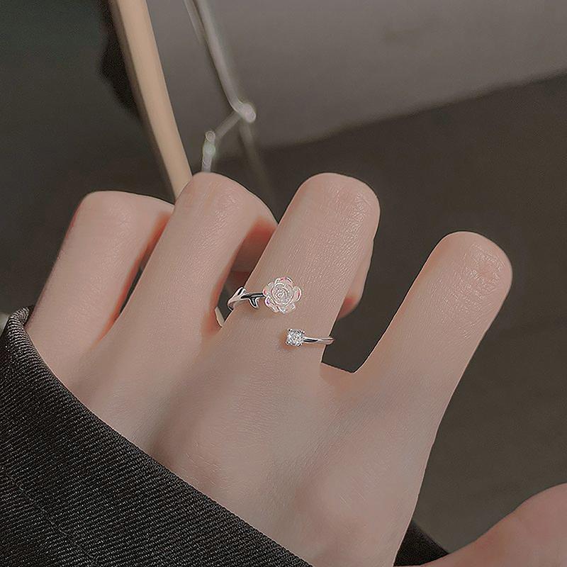 Black Rose Flower Shaped Opening Rings For Woman Girls Fashion Light Luxury Zircon Adjustable Index Finger Rings Jewelry A3