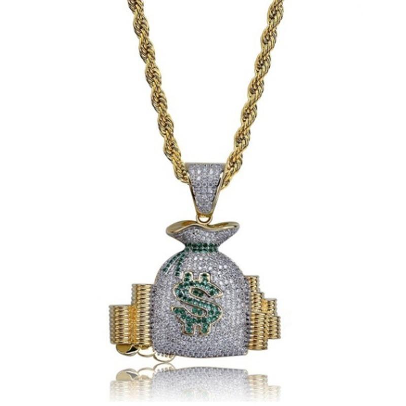 Money Bag Pendant Necklace for Men Sparkling Zircon Hip Hop Charm
