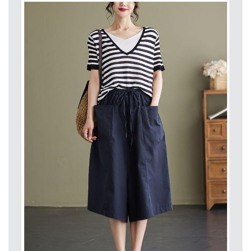Plus size women clothing Chubby Girl European and American Summer New Elastic High Waist Lace-up Tencel Thin Casual Cropped Wide Leg Culottes