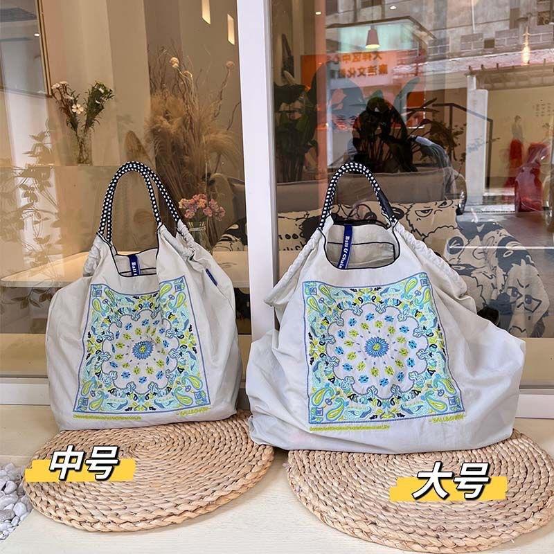 Summer embroidery ballchain eco-friendly bag ballchain shopping bag shoulder bag canvas tote bag