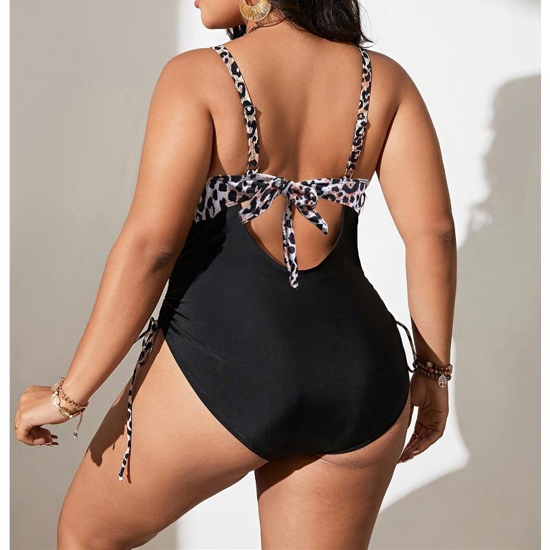 New Plus Size Swimsuit Women's Leopard Print Multi-color One-piece Slim Backless Drawstring Bikini