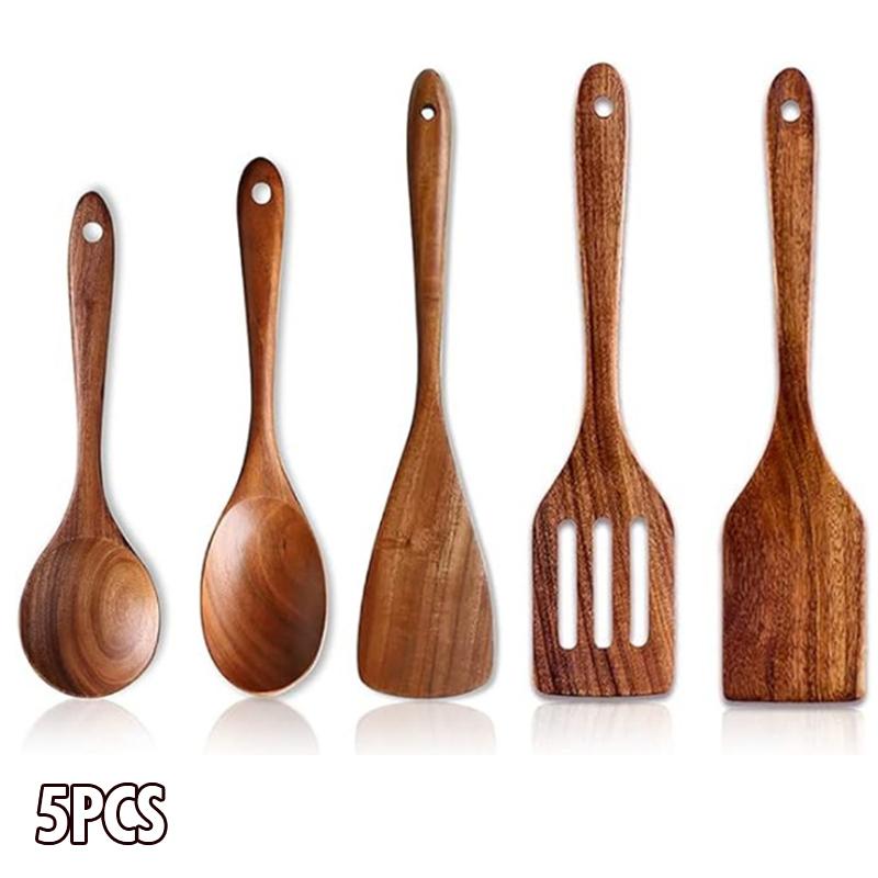Natural Wood Kitchen Utensil Set  Eco-Friendly Cooking Tools Incl Skimmer Spoon Salad Scoop Non-Stick Rice Colander for Soup