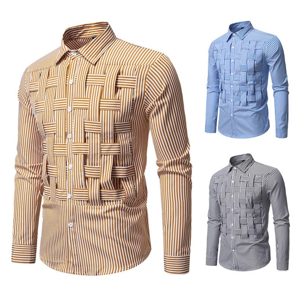 Men's Casual Solid-color Long-sleeved Shirt, Men's Button-style Striped Woven Stand-up Collar Shirt