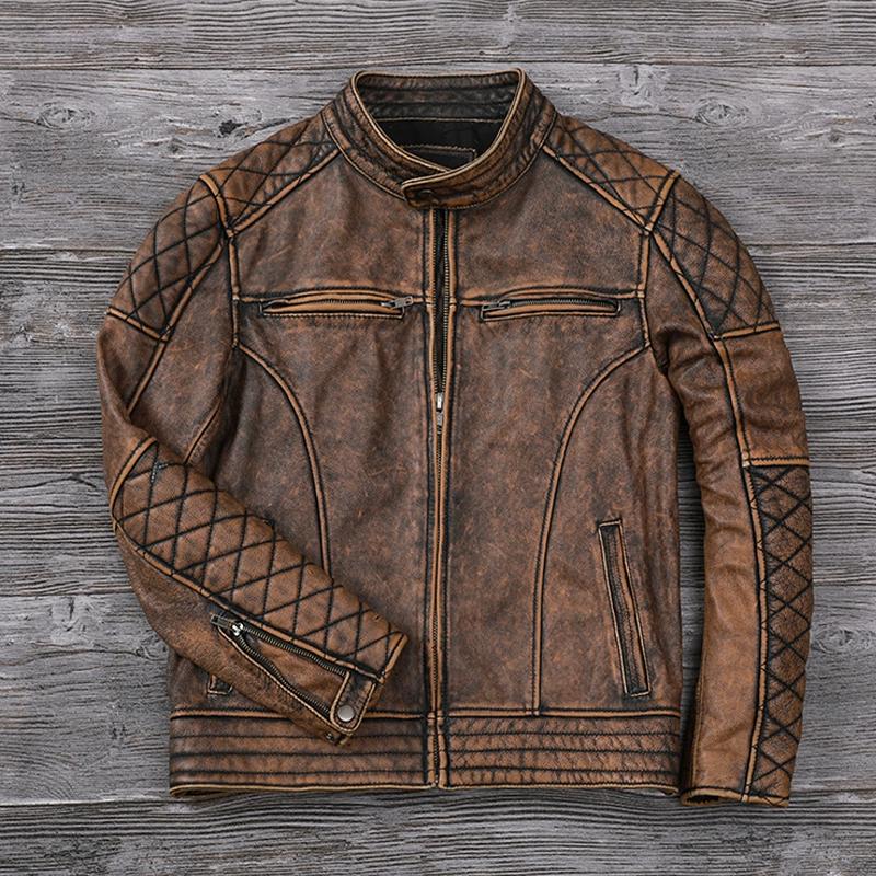 Çin Beden Vintage Erkek Kahverengi Deri Ceket Genine İnek Derisi Motosiklet Stili İnek Ceketleri Erkekler için Sonbahar