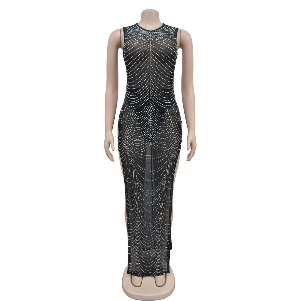 Damen Mode Einfarbige Netz-Ärmelloses Langes Kleid mit Heißbohr-Details