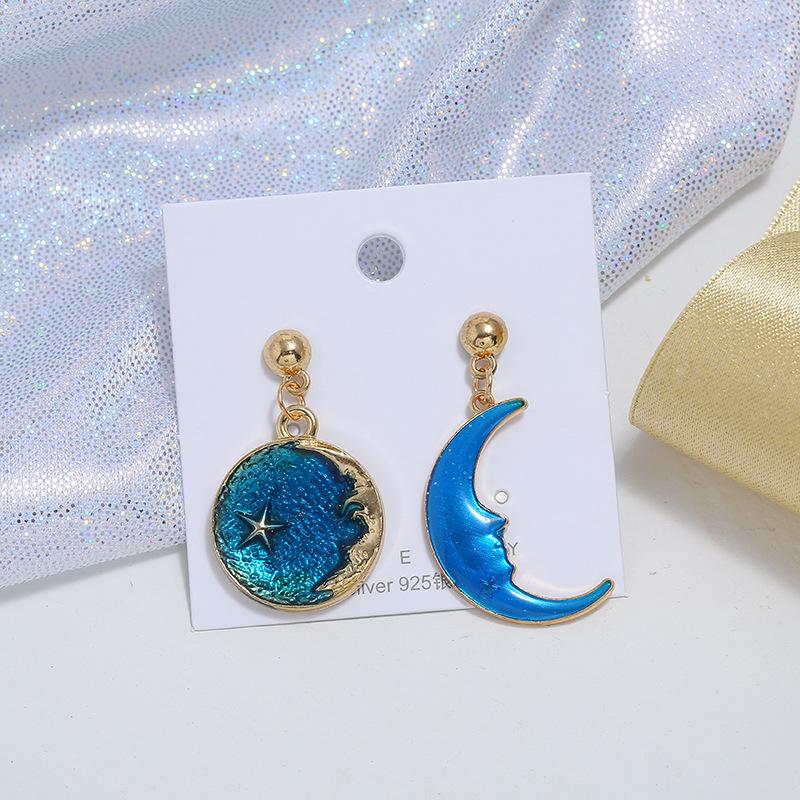 Niche Design Blue Starry Sky Series Simple Stud Earrings, Female Moon Star Temperament Versatile Earrings Long Earrings