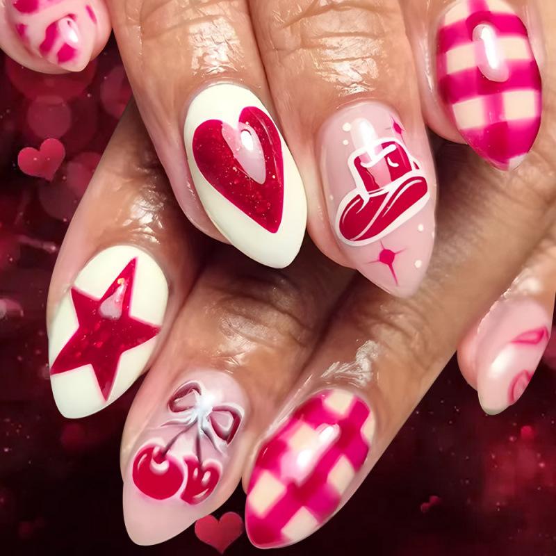 Valentine s Day Teardrop Heart and Cherry Blossom Press-On Nails - 24 Removable Pieces
