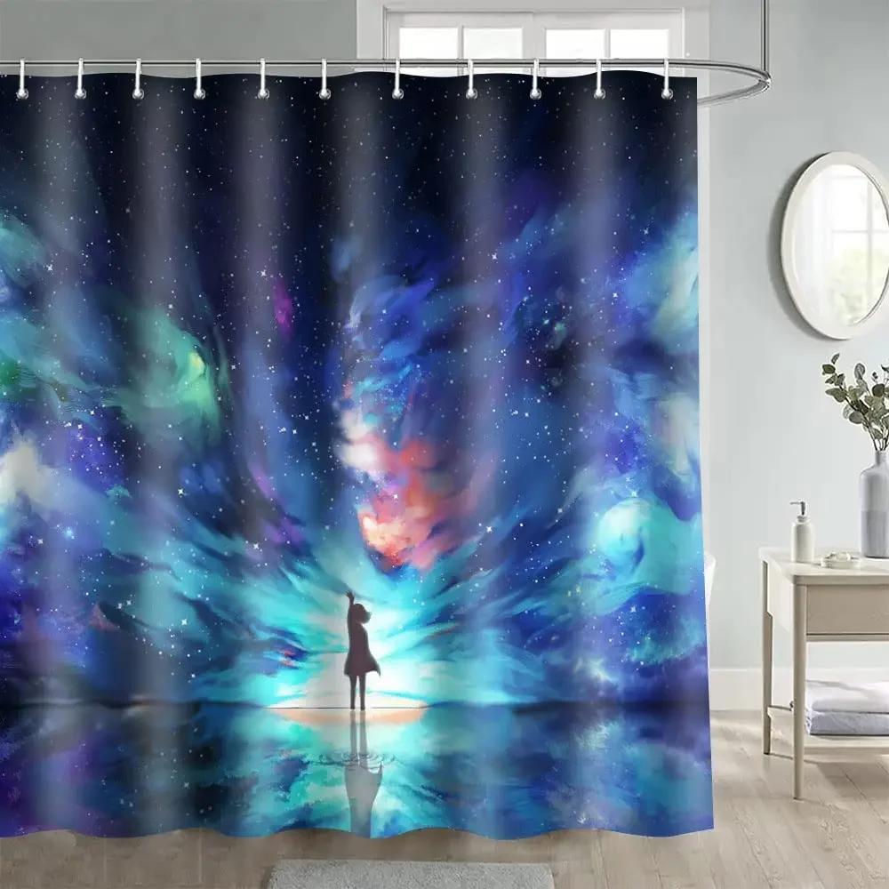 Sterrenhemel Douchegordijn Blauwe Melkweg Douchegordijnen Nevel Waterdichte Polyester Stof voor Badkuip Badkamer Decor met Haak