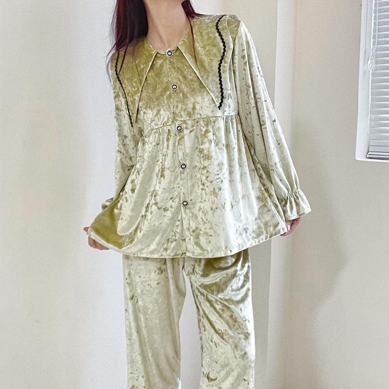 

Женский комплект из 2 предметов пижамы, белый с длинным рукавом, осенне-зимний бархатный брючный комплект для сна, свободная велюровая домашняя одежда XL зелёный