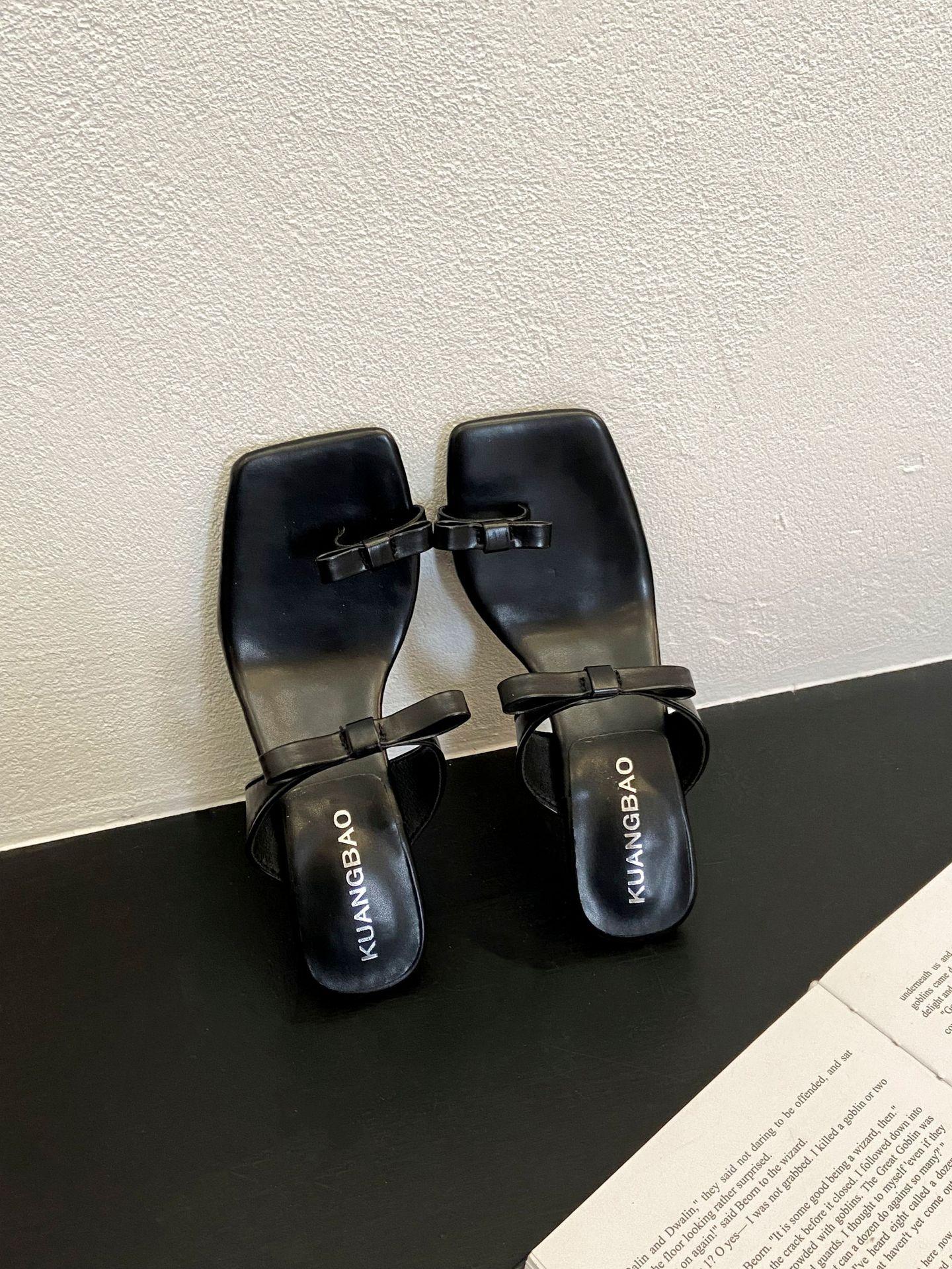 

2025 spring and summer new French bow set toe sandals femininity wear one word with high heels slippers 35 чёрный