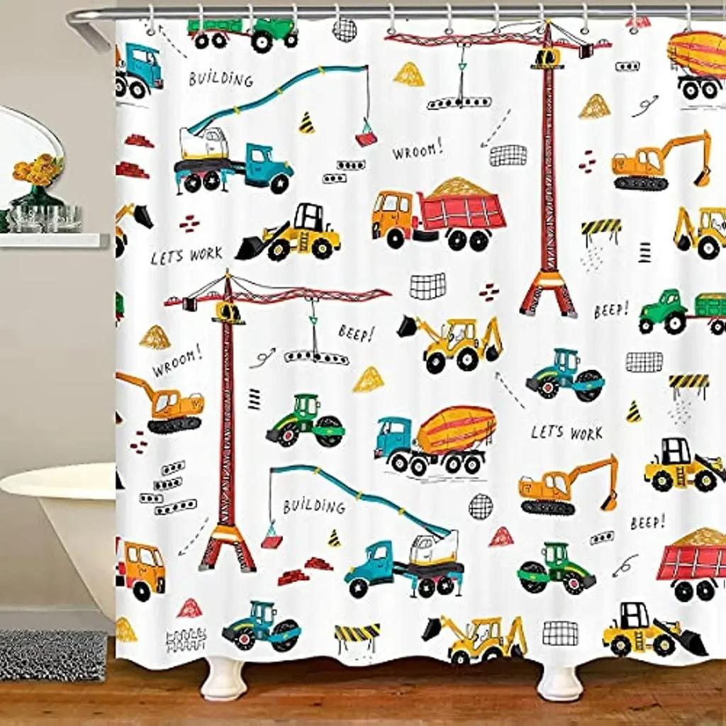 Kid Excavator Shower Curtain Tractor Mechanic Truck Construction Vehicle Boys' Bulldozer Crane Hanging Curtains Bathroom Decor