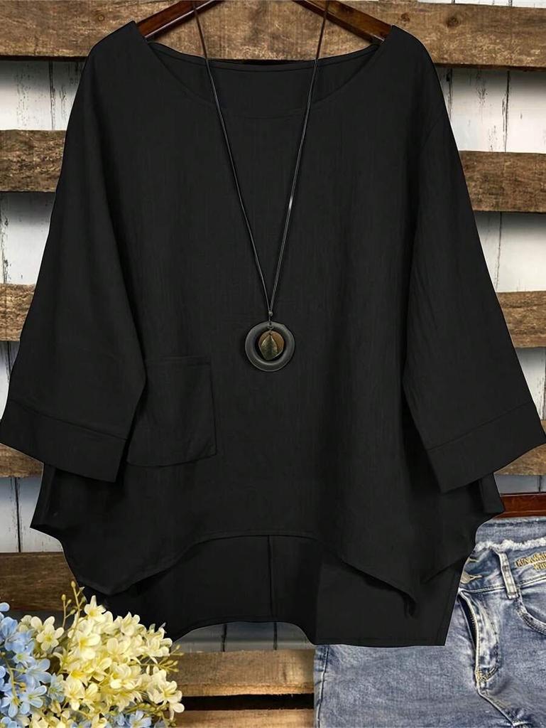 2025 Summer Fashion Plus Size Women's Round Neck Pocket Solid Color Irregular T-Shirt