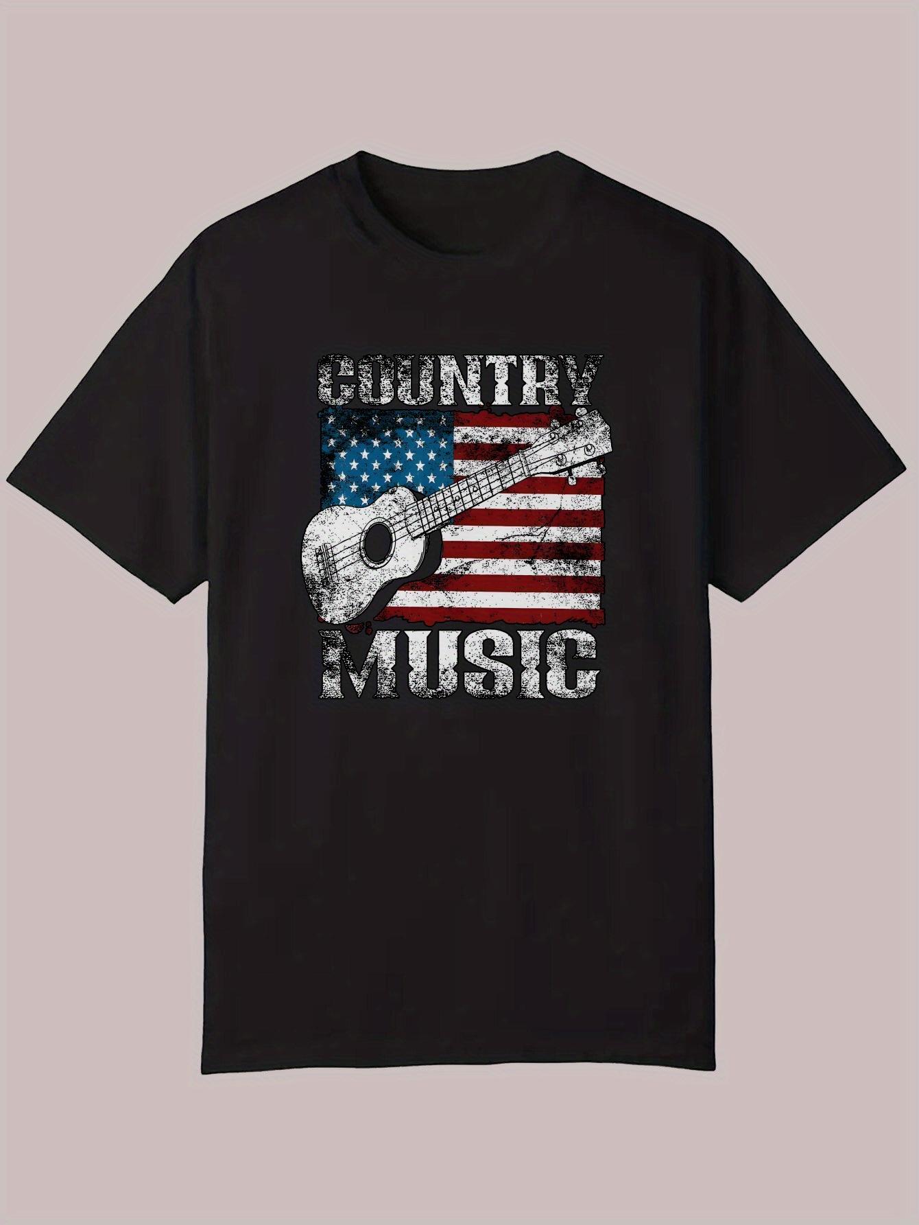 Casual Summer T-shirt - COUNTRY MUSIC Graphic with American Flag & Guitar Design L
