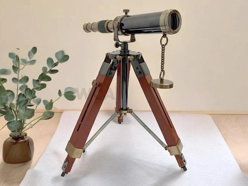 

Brown & Black Antiqued Nautical Brass Telescope With Wooden Adjustable Tripod Handmade Spyglass Marine Scope Home and Office Decorative 9 inches коричневый