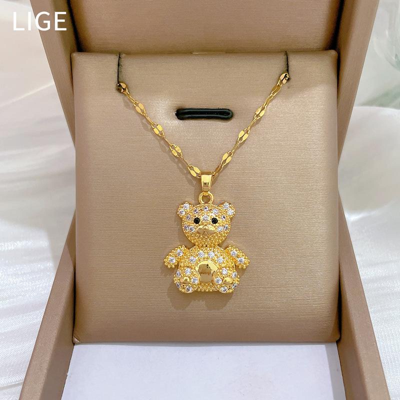 Full Diamond Three-Dimensional Bear Light Luxury Temperament Gorgeous Full Diamond Necklace Female Versatile Collarbone Chain Titanium Steel Chain